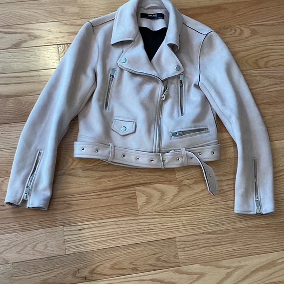 Zara Basic NWOT Blush Pink Biker Jacket zippers belt medium faux suede boho - Picture 2 of 11